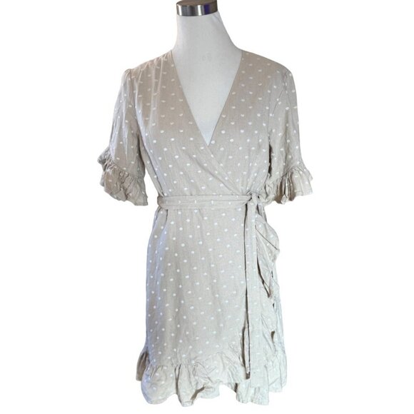 WAYF Womens L Ruffle Wrap Dress Polka Dot Linen Summer Classic Minimalist - Picture 2 of 14
